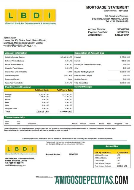 realista Modelo Word e PDF de declaração hipotecária do Banco Liberiano para Desenvolvimento e Investimento (LBDI)